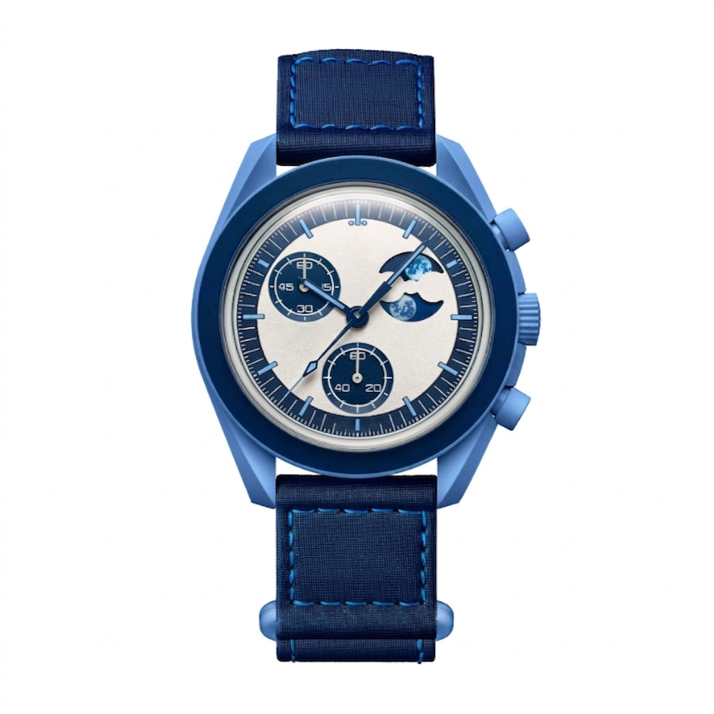 Space Mission Chronograph Watch Blue Moonphase Function
