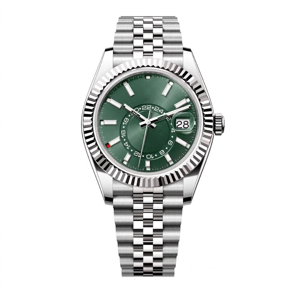 Luxury GMT Dual Time Watch Green Dial 42mm Automatic