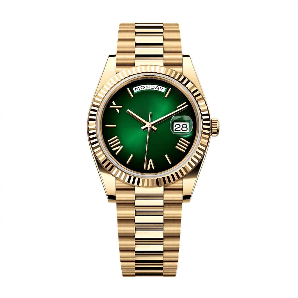 Luxury Day & Date Automatic Watch Green Ombre Dial Gold