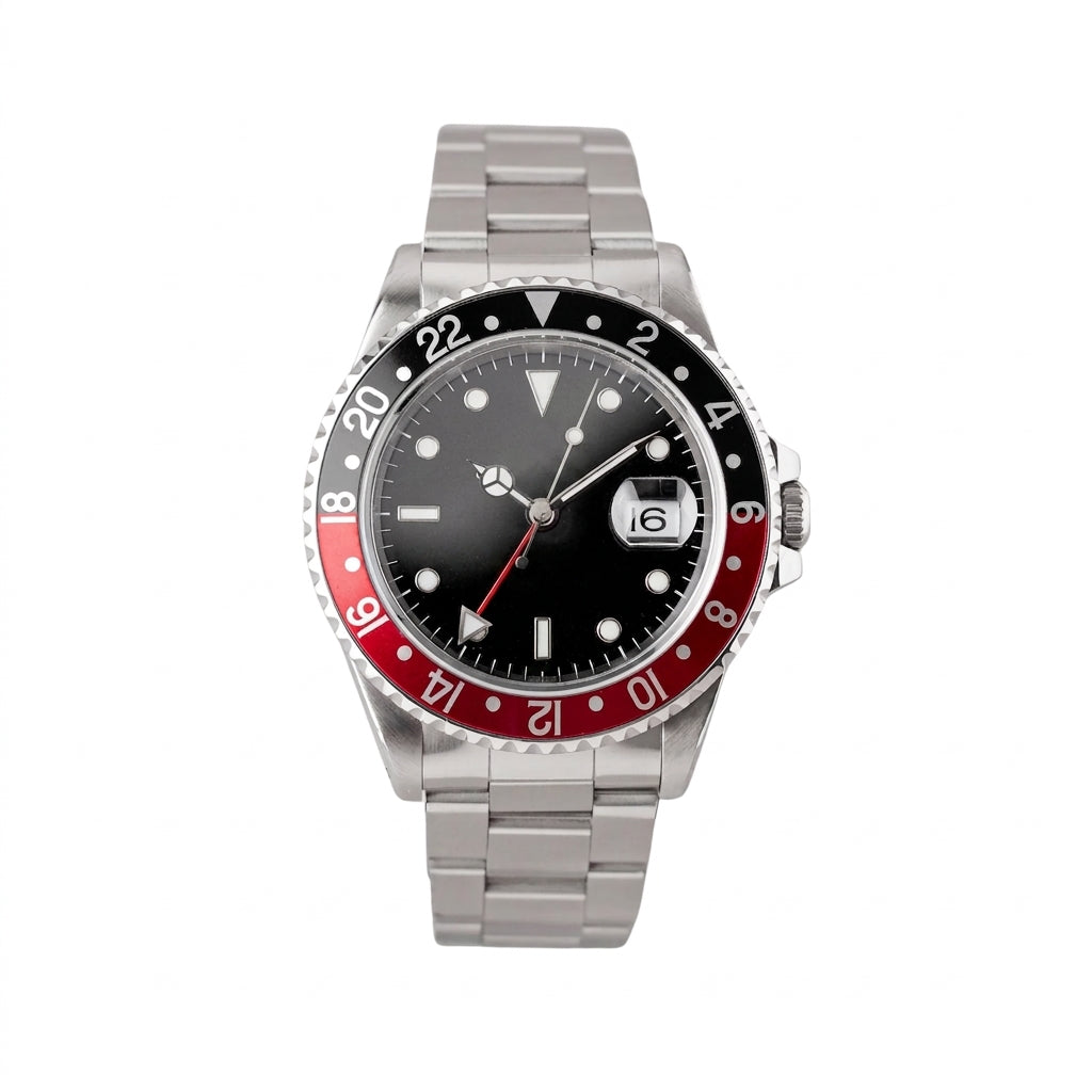 Professional GMT Dual-Time Watch Red Black Bezel Automatic