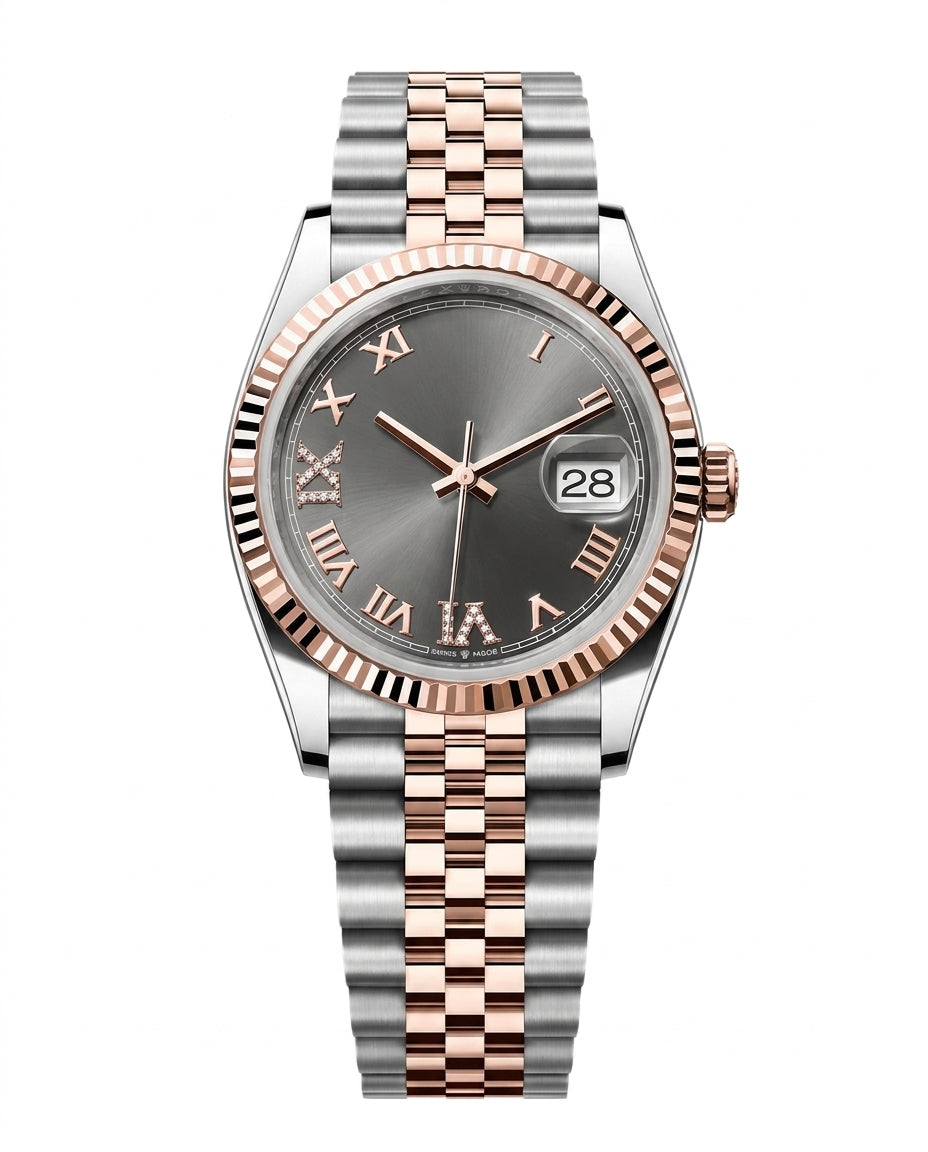 Classic Automatic Watch Dark Rhodium Dial Fluted Bezel 36mm