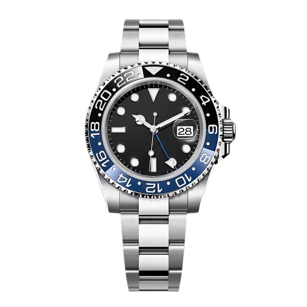 Professional GMT Dual Time Zone Watch 40mm Black Blue Steel