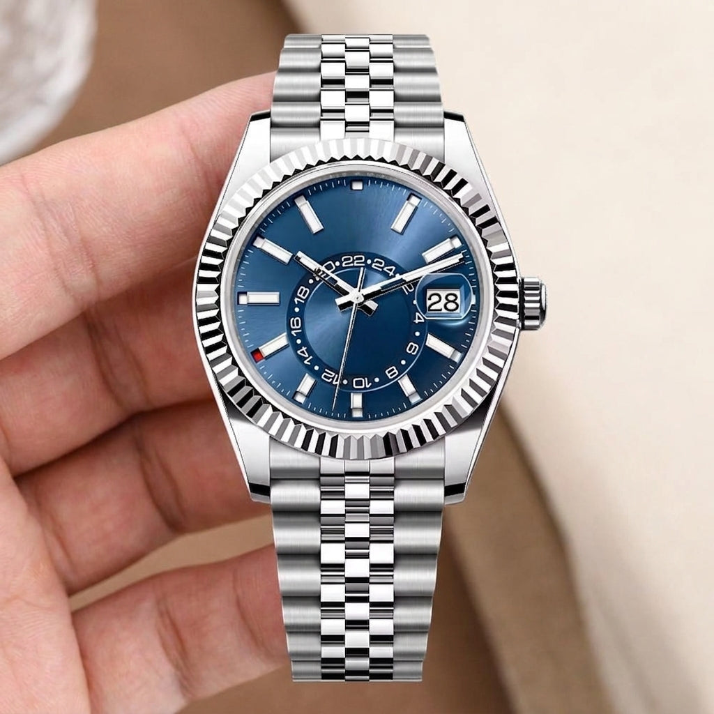Dual Time Zone Luxury Watch Blue Dial Steel Bracelet 42mm
