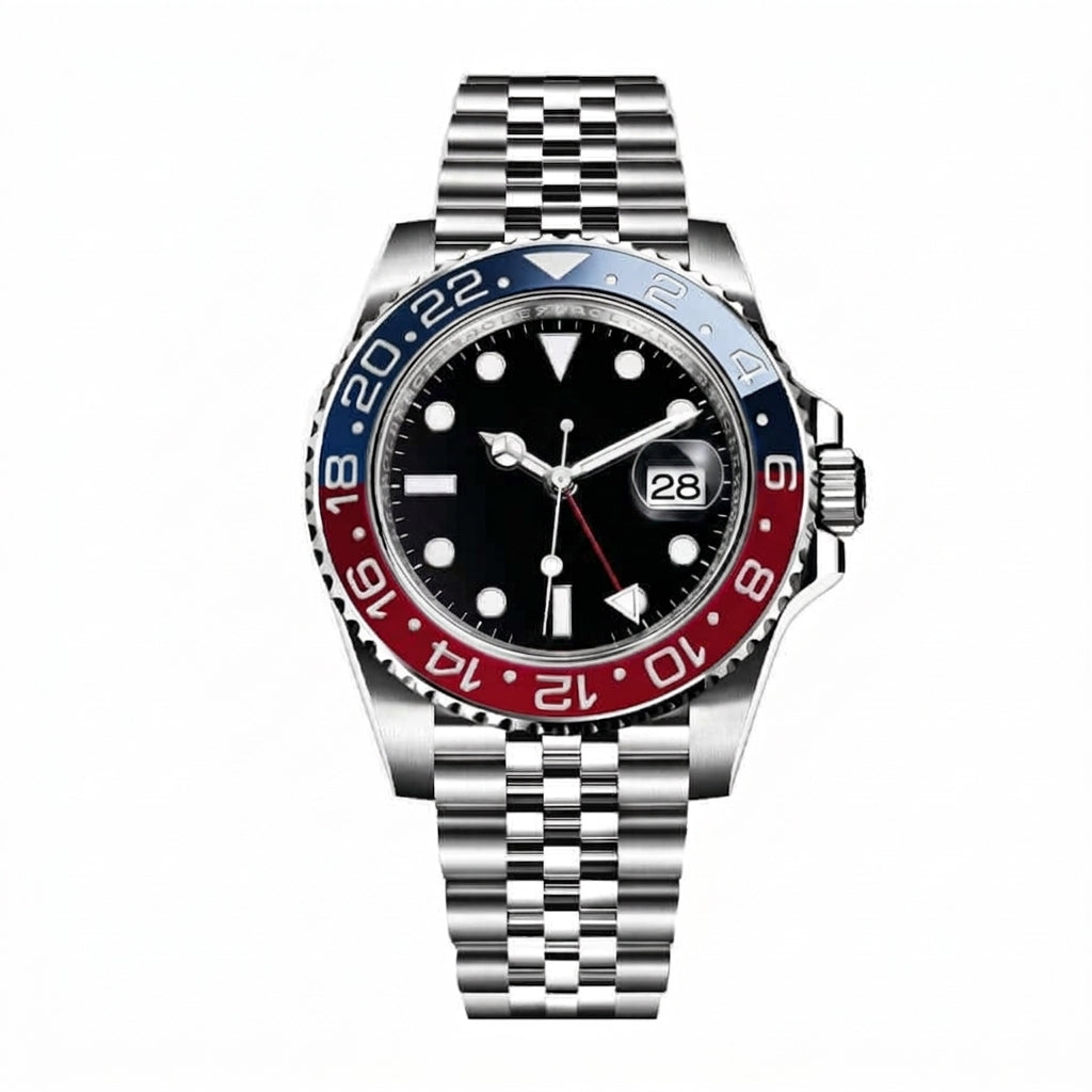 Professional GMT Dual-Time Watch 40mm Blue Red Bezel Automatic
